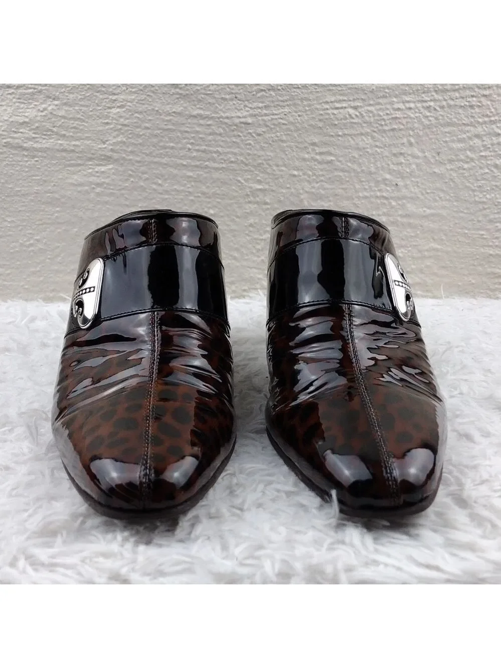 Brighton Runway Black Brown Cheetah Print Patent Leather High Heel Mule Shoe